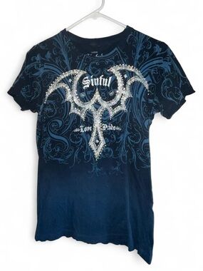 Sinful Navy Blue Graphic Tee with Silver Rhinestone Crest
